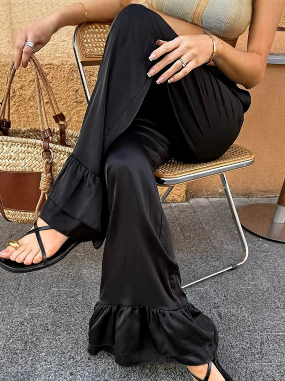Forever 21 High Waist Black Satin Flare Pants Summer Street